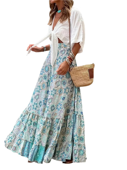 Bohemian Style Printed A-line Skirt Women Fashion Beach Vacation Loose Drawstring Ruffles Skirts Female  Summer New Streetwear
