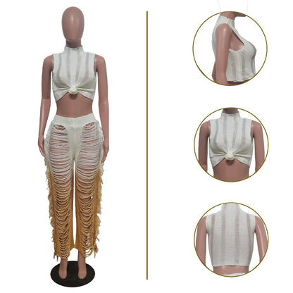 Two Piece Pant Sets Women Sexy Tanks Sleeveless Spliced Hollow Out Beach Vacation Outfit