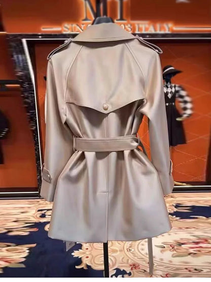 Autumn Khaki Satin Trench Coat for Women British Style Belted Double Breasted Coat