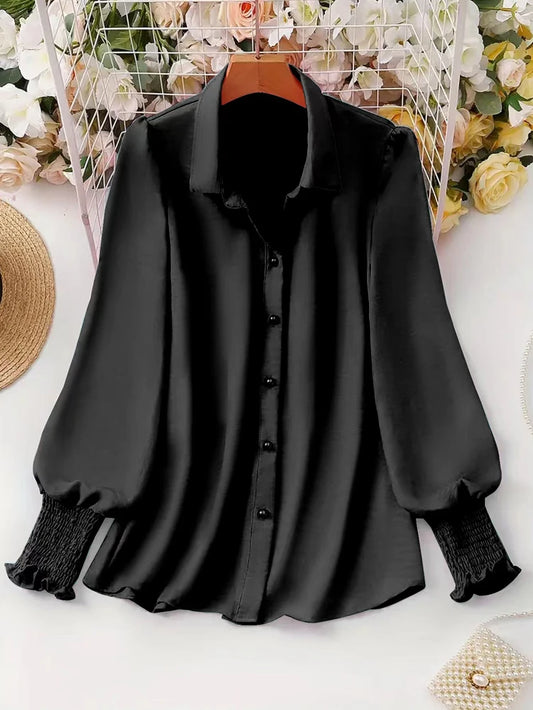 Plus Size Women's Casual Puff Sleeve Blouse Solid Color Office Shirt