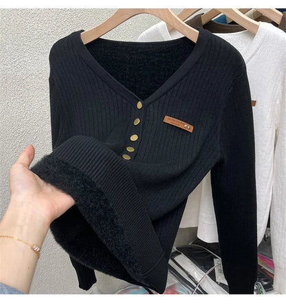 Thick Velvet V-neck Sweater Women Korean Fashion Lined Warm Knitted Pullover