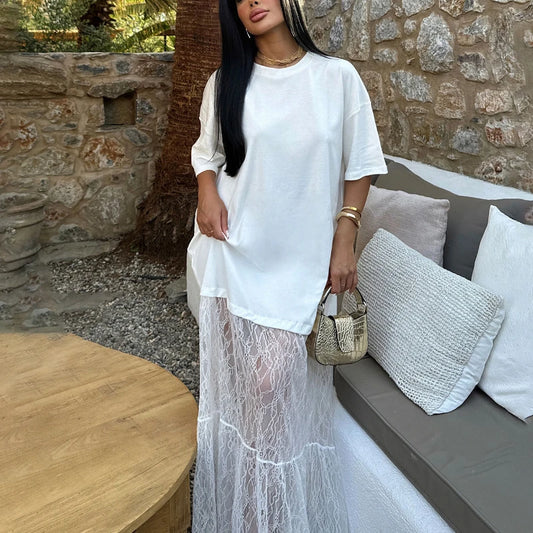 Lace Dress Round Neck Shirt with Stitching Lace Trim Women's Dress