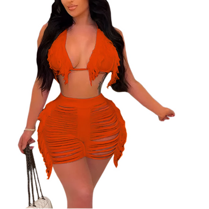 Women Fringe Tassel Bikini Shorts Set Hollow Out Jamaican Crochet Swimwear Summer Beach Knitted Cover Up Swimsuit