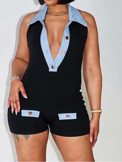 Denim Patchwork Rompers Polo-Neck Backless Sleeveless Vacation Playsuits