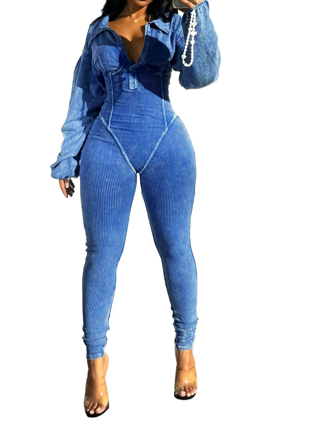 Jumpsuits Skinny Sheath Turn Down Collar Ankle Length Pencil Pants Jumpsuit Romper Overall