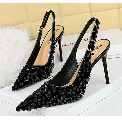 Sequined Cloth Woman Pumps Pointed Toe Thin Heels Hollow Buckle Strap Wedding Party Shoes
