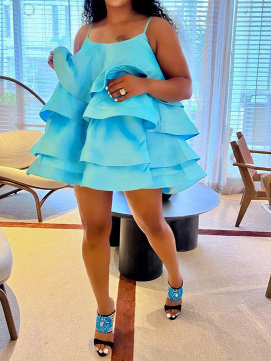 Sexy Short Daring Dresses Summer Spaghetti Strap Mini Dress with Cascade Ruffles
