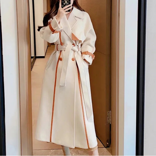 Woolen Coat For women Temperament Lapel Color blocked Thick Wool Overcoat