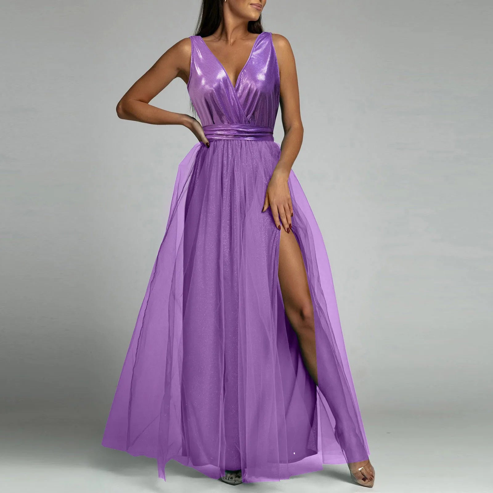 Sexy Purple Sequin Evening Dress Sleeveless V Neck Lace Hem Tulle Prom Dress Cocktail Dress