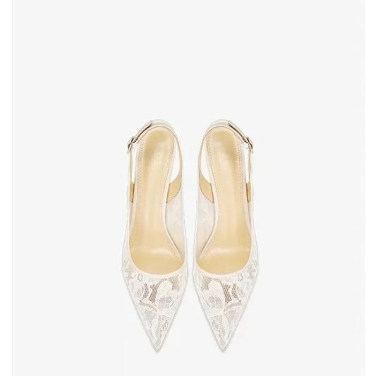 Sling Back Lace High Heels  Pointed Toe Buckle Strap Sling back Sandal