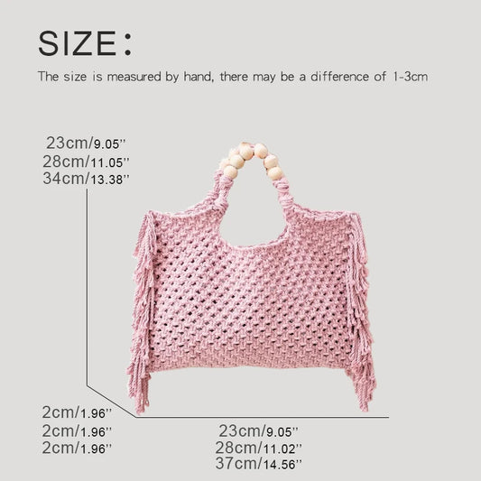 Handbags For Women Luxury Designer Knit Tassel Trim Decoration Wooden Beaded Handbag