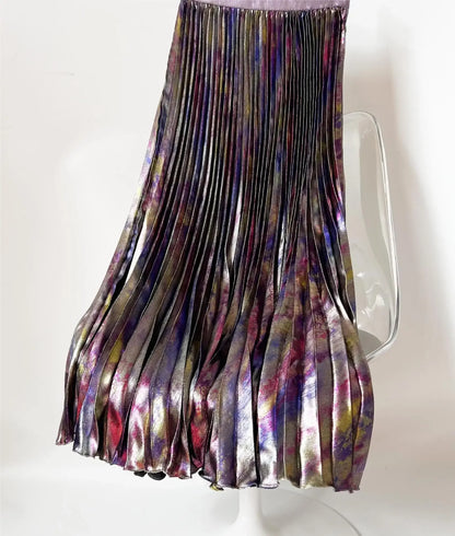 Shiny Colorful Luxury High Waist Midi Skirt Elastic Waistband Pleated Skirt