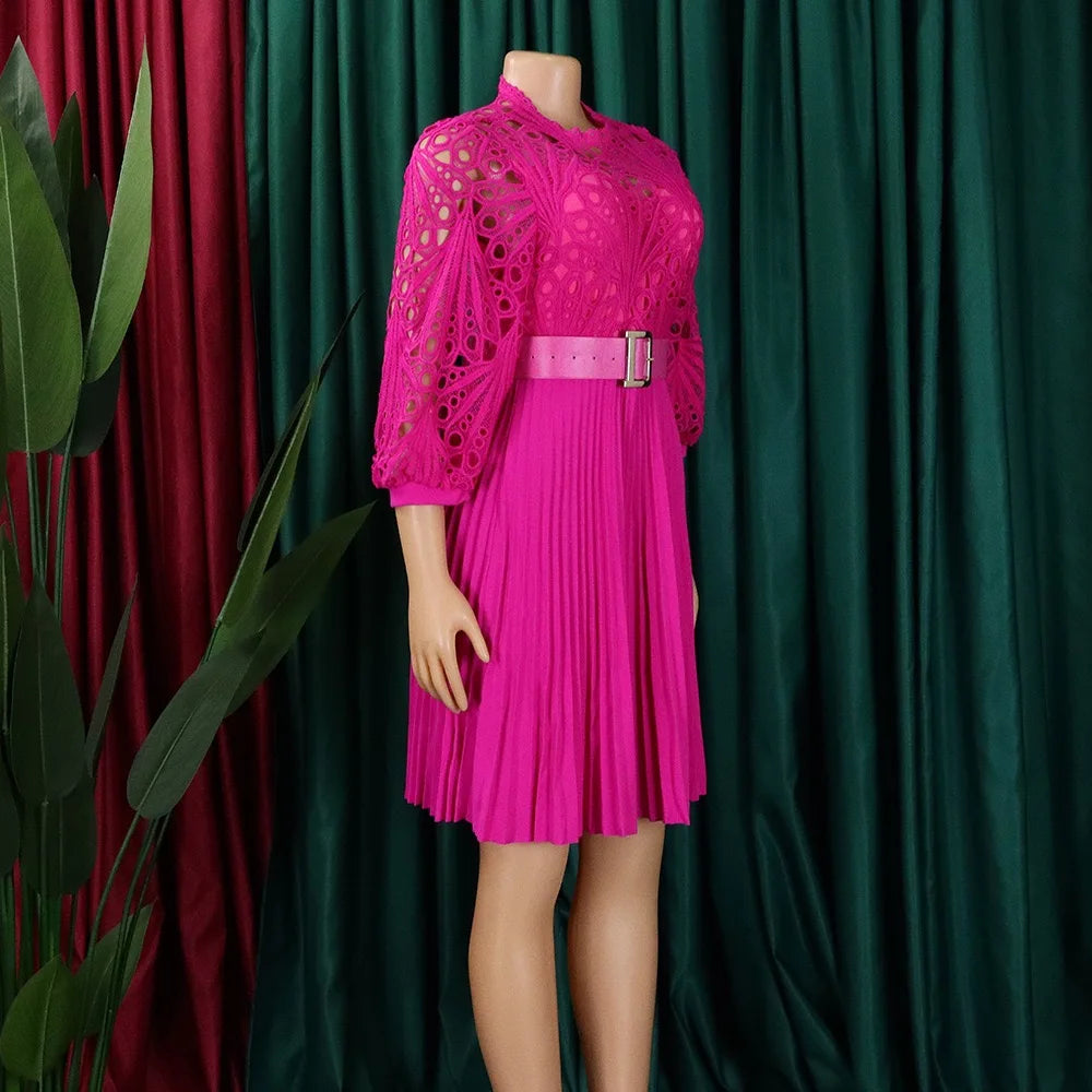 Elegant Dresses for Women O Neck Three Quarter Sleeve Belt Waisted Lace Patchwork Knee Length Luxury Female Birthday Party Dress