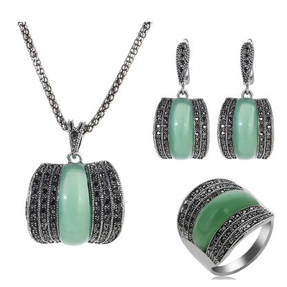 Antique Geometric Green Stone Ring Necklace And Earrings Sets for Women