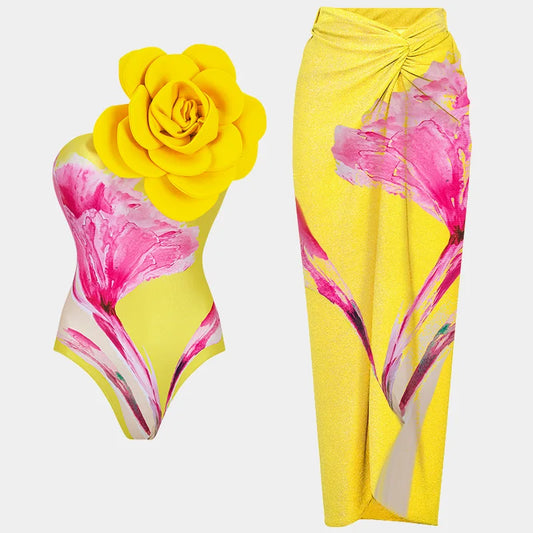 Yellow Printed Women 3D flower One Shoulder Beachwear with Skirt Two Pieces Sets Swimwear Bathing Suit