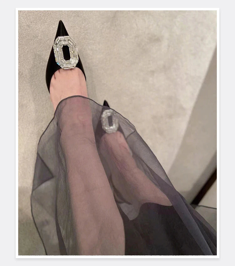 Oval Rhinestone Buckle Toe Sandals Pointed Thin Heel Hollow Banquet High Heels