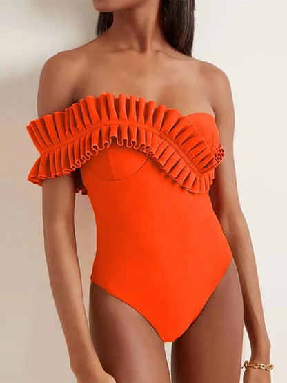 One-Piece Swimsuit Solid Bathing Suit Vacation Beachwear Ruffle Swimming Suit