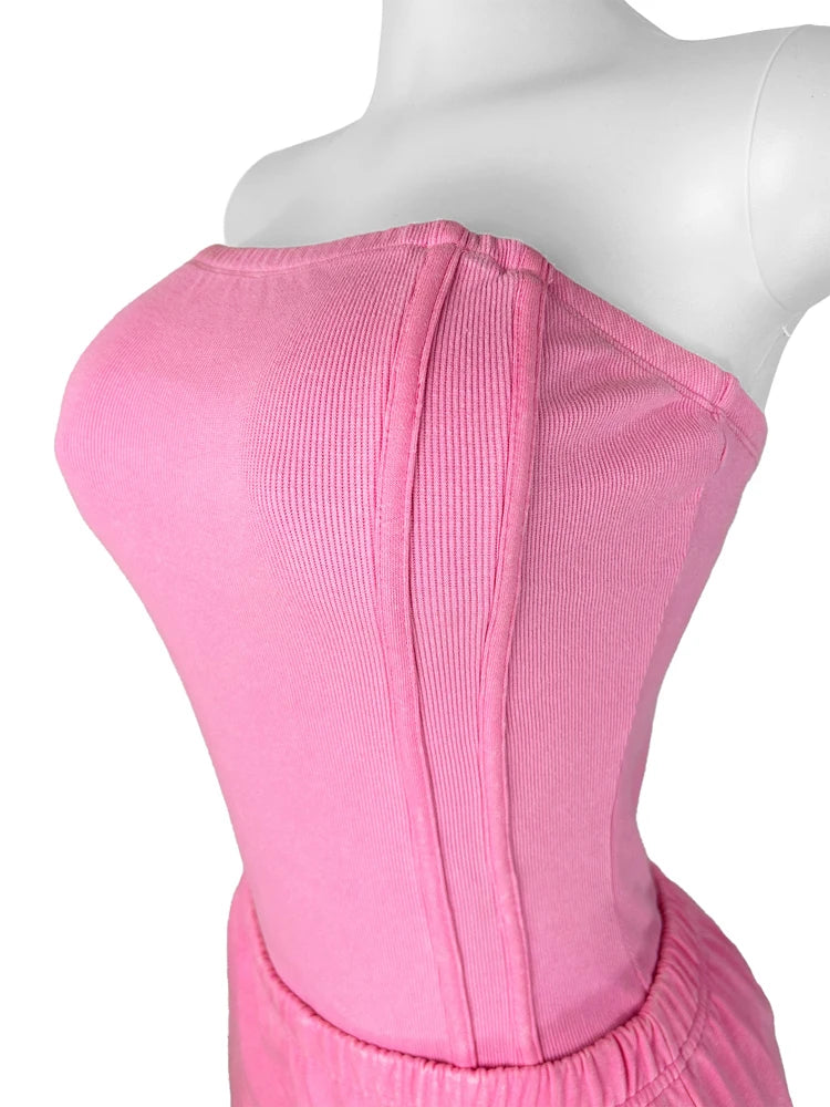 Sexy Washed Strapless Bodysuit and Jogger Pants Set for Women Trendy Two Piece Jogging Suit Sets