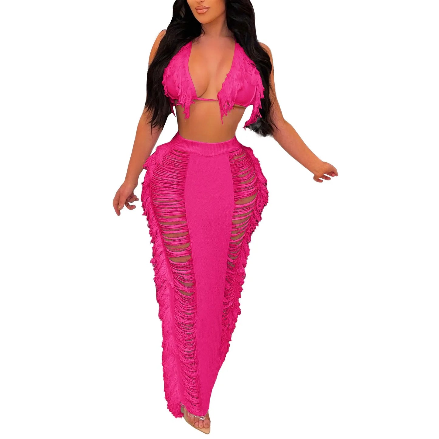 Sexy Elegant Hollow Out Knitted Tassel Wrap Hip Skirt Suit Women Vacation Beach 2 Piece Sets