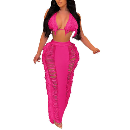 Sexy Elegant Hollow Out Knitted Tassel Wrap Hip Skirt Suit Women Vacation Beach 2 Piece Sets