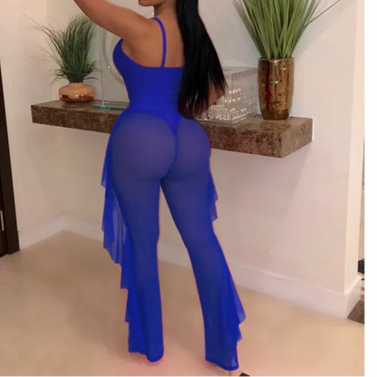 Hollow Out 2 Pieces Set for Woman Mesh See Through Bodysuit Top and Ruffles Pants Swimsuit Outfit