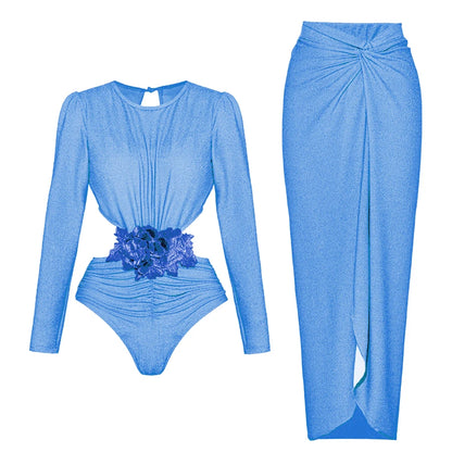 Swimwear Women With Skirt Bathing Suit Summer New Ruffle Splice Print Beachwear Bikini Cover Ups