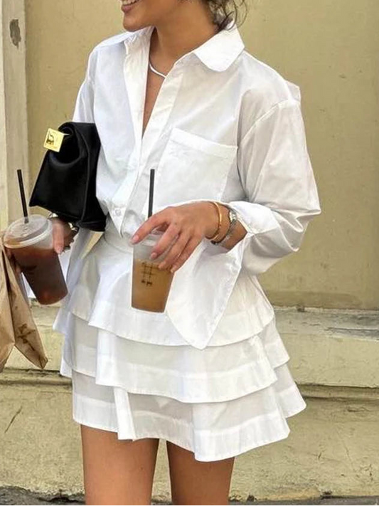 Women's Cotton Two Pieces Set Long Sleeve Shirt With High Waist Pleated Mini Skirt Set