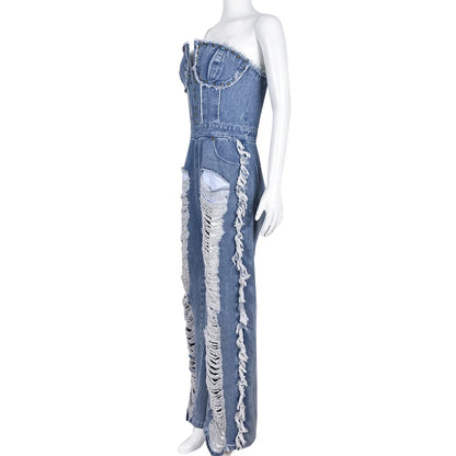 Slim Fit Denim V-neck Backless Tassel Trendy Jumpsuit Women's Strapless High Waist Ripped Pocket Sexy Street Rompers