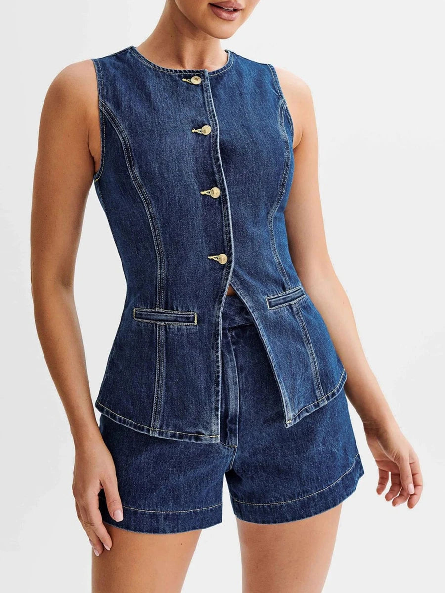 Women‘s Denim Vest Button Down Back Slit Crew Neck Waistcoat Jean Vests