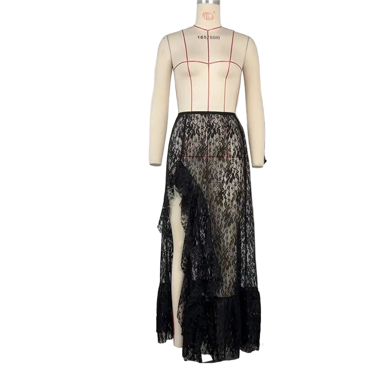 Lace Skirt Transparent Maxi Lace Skirts for Women Asymmetrical Ruffle Lace Skirt