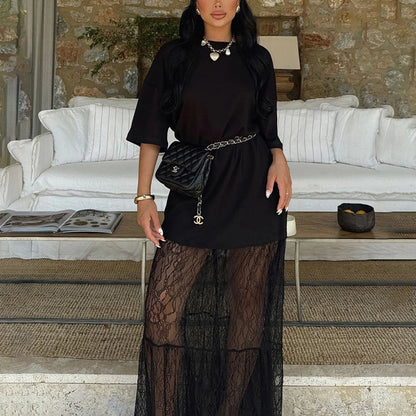 Lace Dress Round Neck Shirt with Stitching Lace Trim Women's Dress