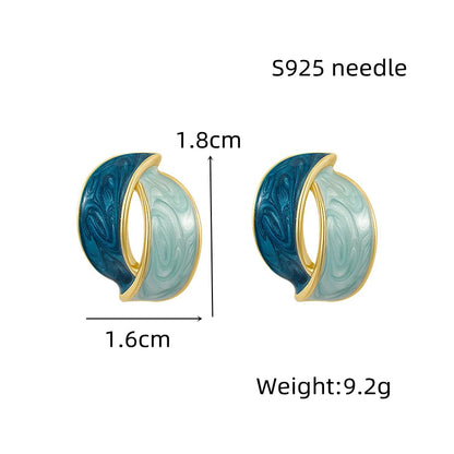 Double Arc Cross Enamel Stud Earring for Women Contrast Color Blue Geometric Earring