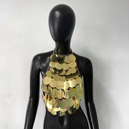 Shiny Metal Sequins Women Camisole Sexy Backless Tassel Tank Top