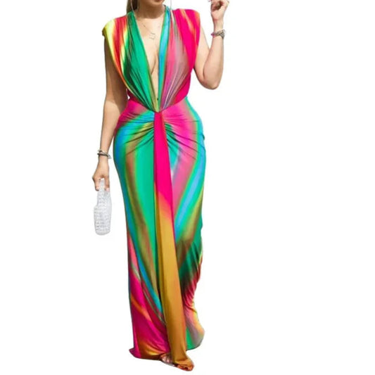 Elegant Dinner Party Maxi Dress Women's Sleeveless Colorful Print Sexy Deep V Slim Fit Long Dress