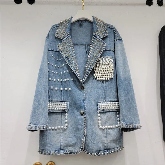 Women Pearls Beaded Denim Jacket Turn Down Collar Jeans Blazers