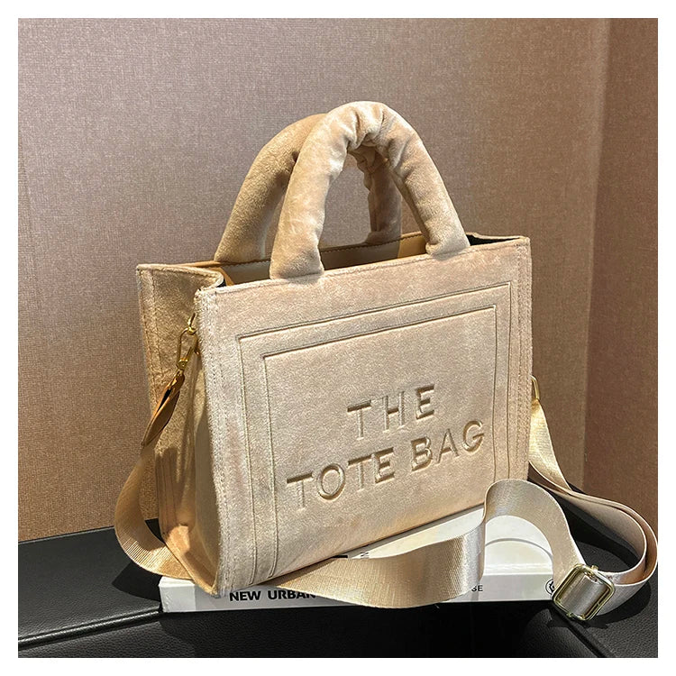 Women's Khaki Velour Tote Bag Original Letter Print Shopper Handbag