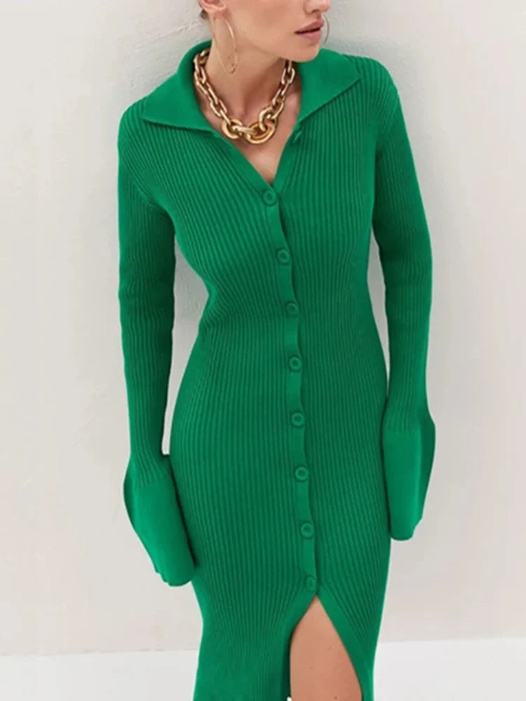 Sexy Women's Knitted Kelly Green Sweater Bodycon Midi Dress