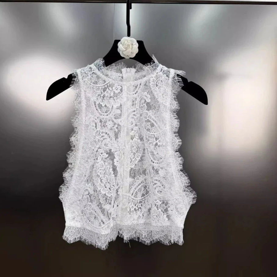 Vintage Spliced Zipper Sheer Vest for Women O Neck Sleeveless Lace Edge Top