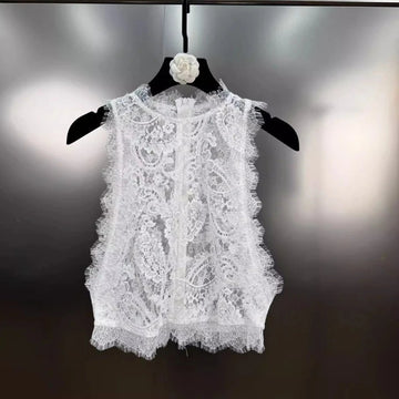 Vintage Spliced Zipper Sheer Vest for Women O Neck Sleeveless Lace Edge Top