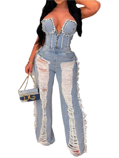 Slim Fit Denim V-neck Backless Tassel Trendy Jumpsuit Women's Strapless High Waist Ripped Pocket Sexy Street Rompers