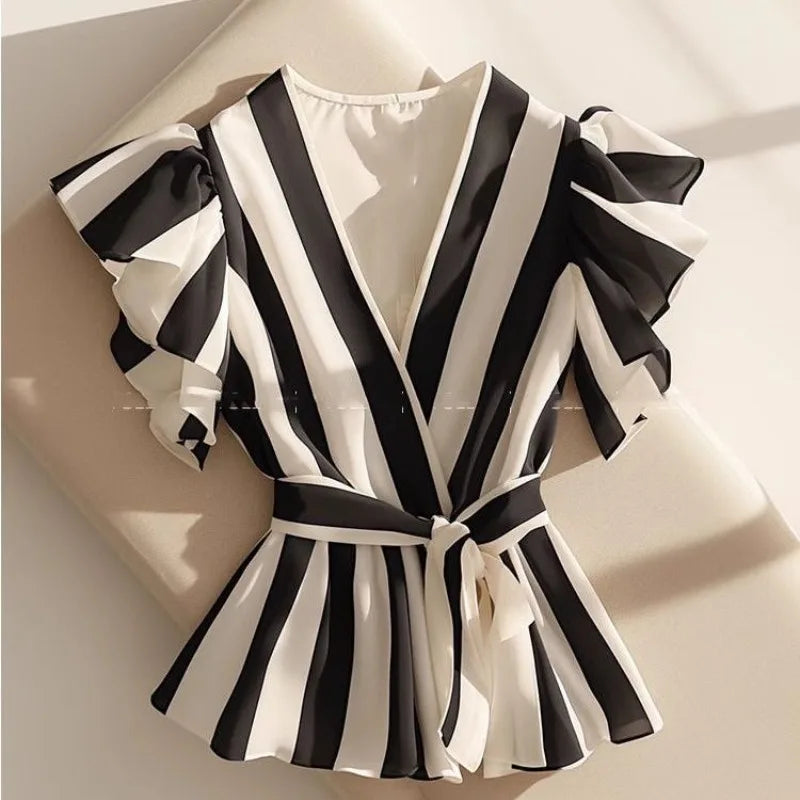 Summer Women's Tops Temperament Blouses for Women Ruffles Striped Vintage Blouse