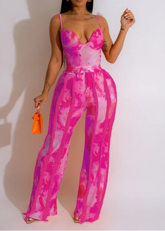 Tie Dye Printing Two Piece Set for Women Pant Sets Birthday Outfits Clubwear Bodysuit Top and Fringe Tassel Pants Matching Sets