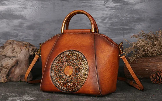 Women's Vintage Colored Tribal Pattern Leather Handbag Embossed Handbag