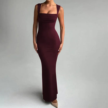 Wedding Guest Square Collar Sleeveless Sexy Maxi Dress For Women Bodycon Dress