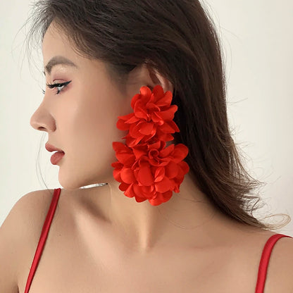 4 Colors Exaggerated Big Fluffy Fabric Flower Petal Drop Earrings for Women