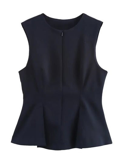 Women Solid Zipper Vintage Causal Sleeveless O Neck Tank Blouse Slim Pleated Vest Blouse High Street Folds Top