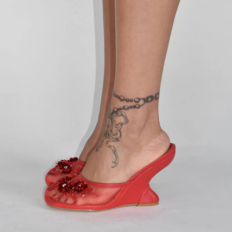 Women Summer Wedges Mesh Shoes Flower Round Toe Slip-On Hollow High Heeled sandals