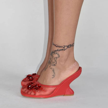 Women Summer Wedges Mesh Shoes Flower Round Toe Slip-On Hollow High Heeled sandals