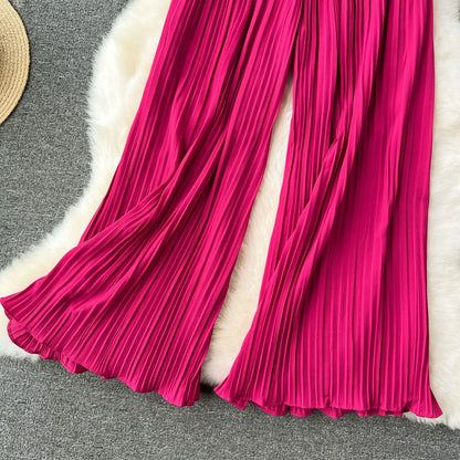 Women Long Pants Wide Leg Pant Solid Loose Casual Lace Up Tight High Waist Capris Regular Pleated Trousers