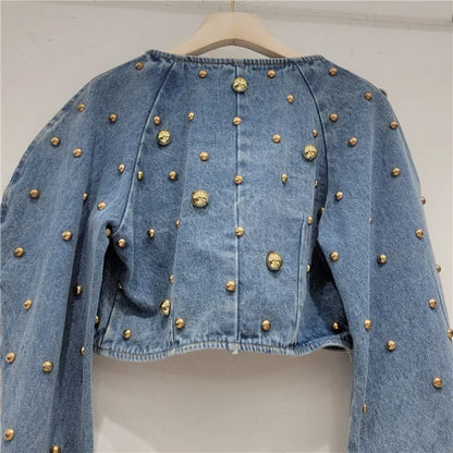 Women Rivets Long Lantern Sleeve Denim Coat Short Pearls Top Bomber Jacket Cowboy Jacket